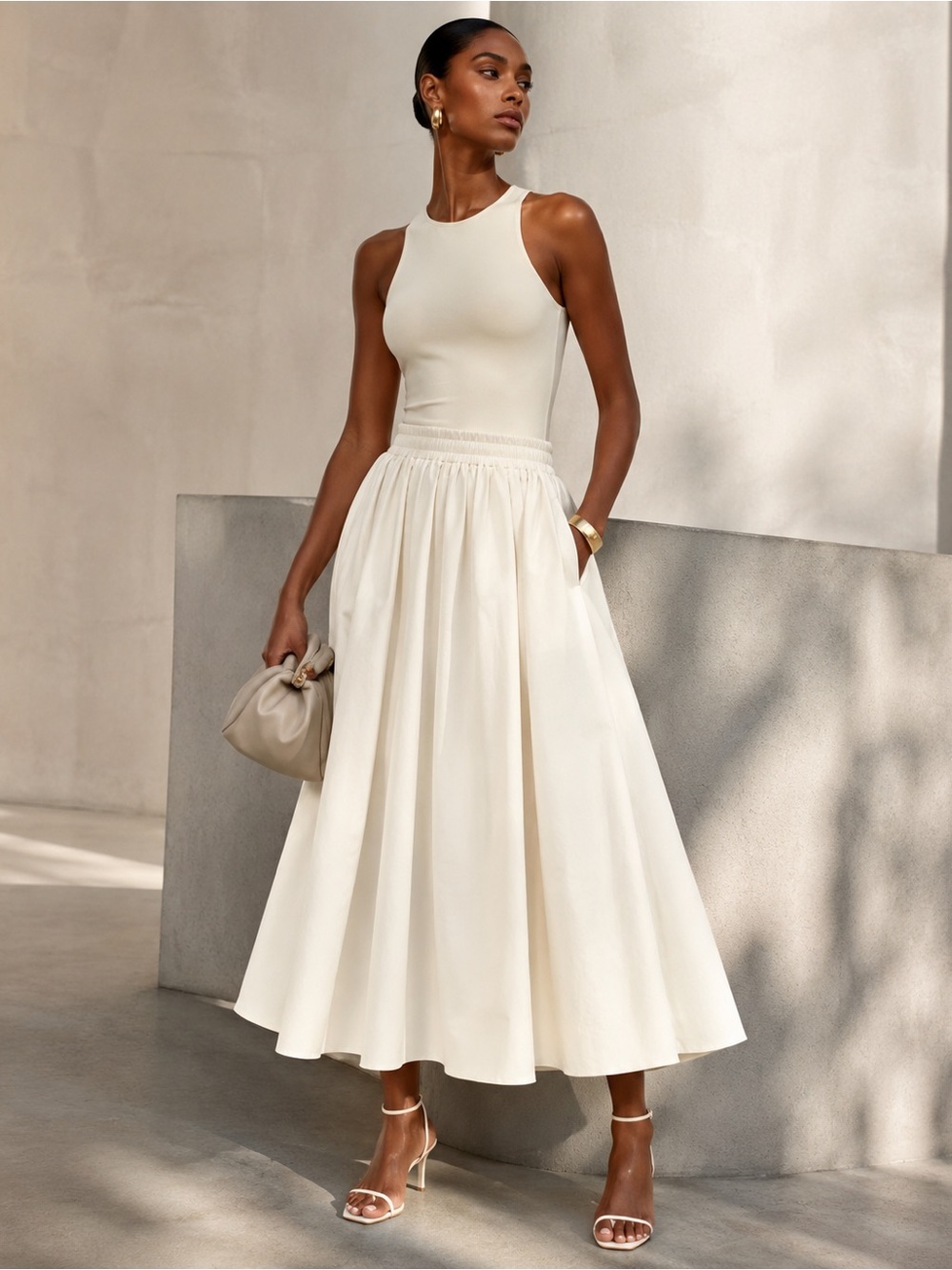 Zara Cream Sleeveless Midi pleated Skirt NWOT